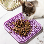 Cat eating dry food from a purple silicone lick mat with a honeycomb and dot texture | Pawnests