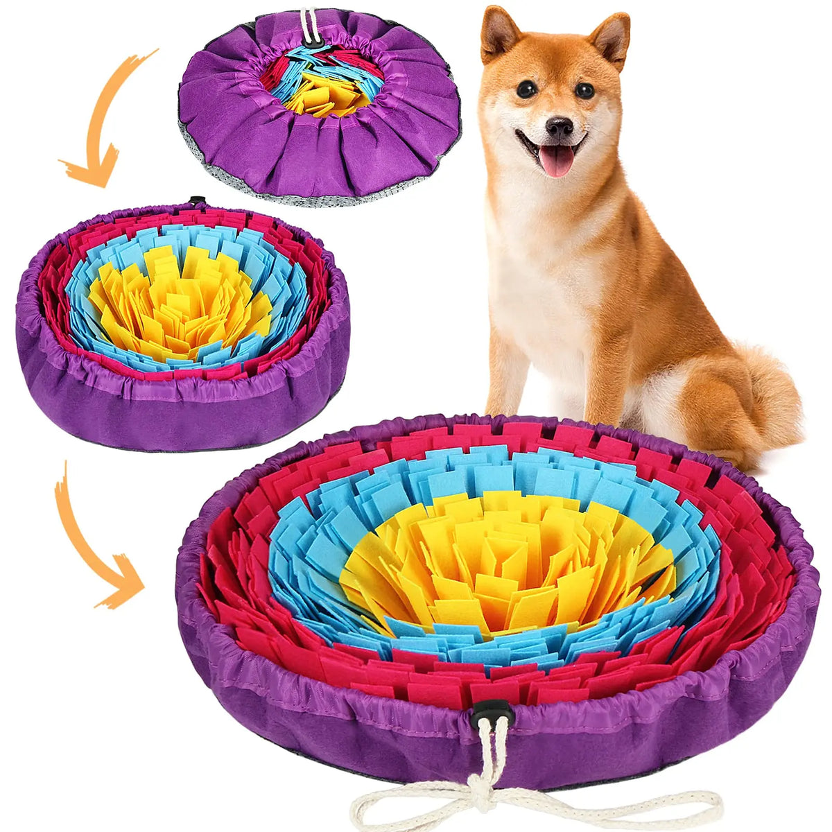 Shiba Inu with purple snuffle mat for dogs in three adjustable modes | Pawnests
